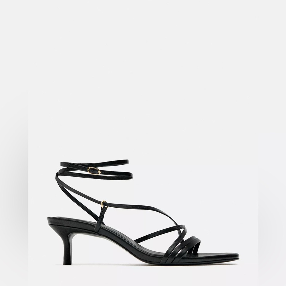 NWOT Zara - Elegant Black Strappy Kitten Heel Sandals